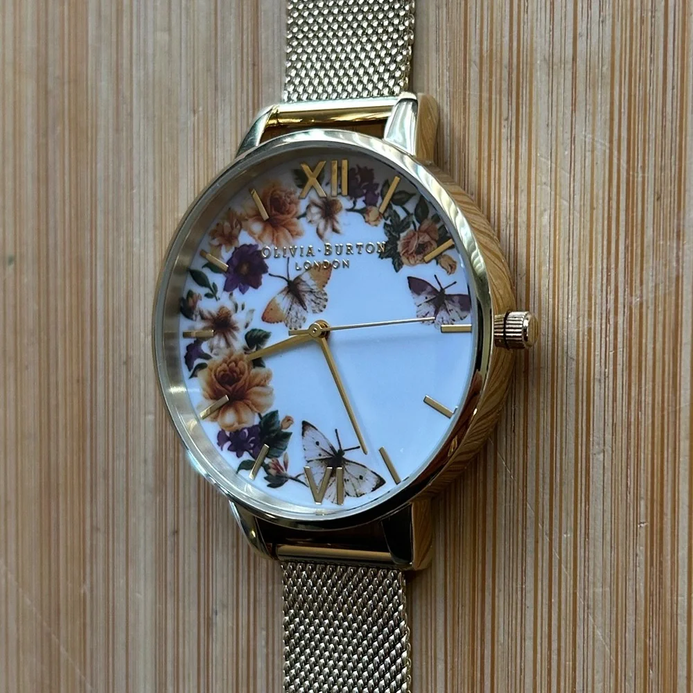 Olivia Burton Enchanted Garden Watch With 38mm White Floral Face & MeshBracelet